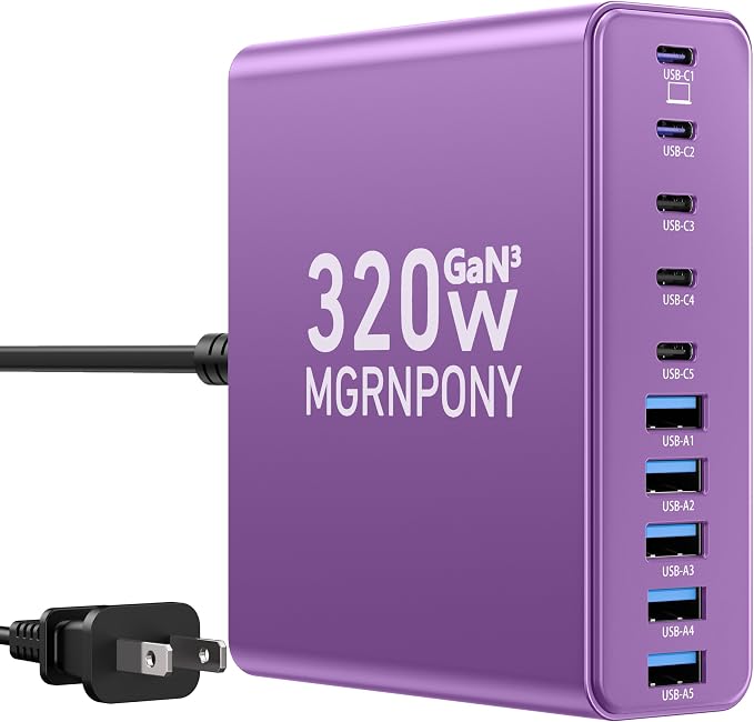 320W USB C Charger Block, MGRNPONY 10-Port GaN USB C Charging Station | PD 65W Laptop Fast Charger Adapter for MacBook Pro/Air, DELL, iPad, iPhone, Samsung Galaxy（Purple） by MGRNPONY
