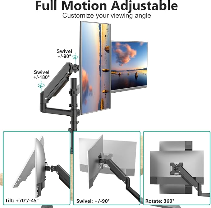 WALI Tall Dual Monitor Desk Mount for 13-33 inch Screens, 19.8 lbs per Arm | Dual Monitor Arms for 2 Monitors, Full Motion with Tilt, Swivel, Rotation, C-Clamp & Grommet, VESA 75/100mm (GSDM002), Black - Image 2