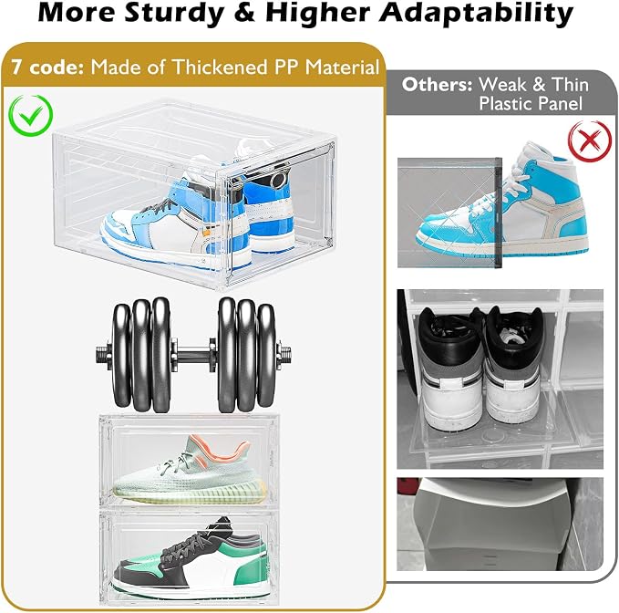 12 Pack Shoe Organizer, Stackable Shoe Storage Boxes with Magnetic Door | Clear Plastic Shoe Boxes for Sneakers, Boots & Heels, Foldable Space-Saving Shoe Rack for Closet, Durable Shoe Cabinet, White - Image 5