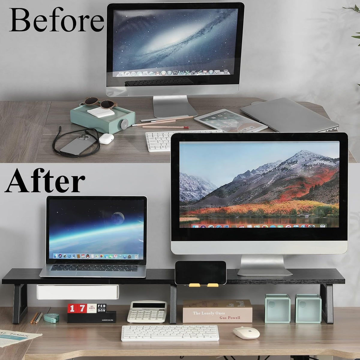 TEAMIX 42 inch Dual Monitor Stand Riser with Storage Drawer for Desk, Black - Image 5