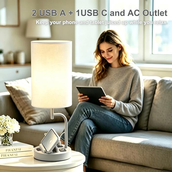 Dreamholder 2 Pack Table Lamp, Bedside Lamp with 3 USB Charging Ports & AC Outlet, USB Desk Lamp with 2 Phone Holders, Linen Fabric Shade Nightstand Lamps for Bedroom Living Room Office, Gray - Image 7