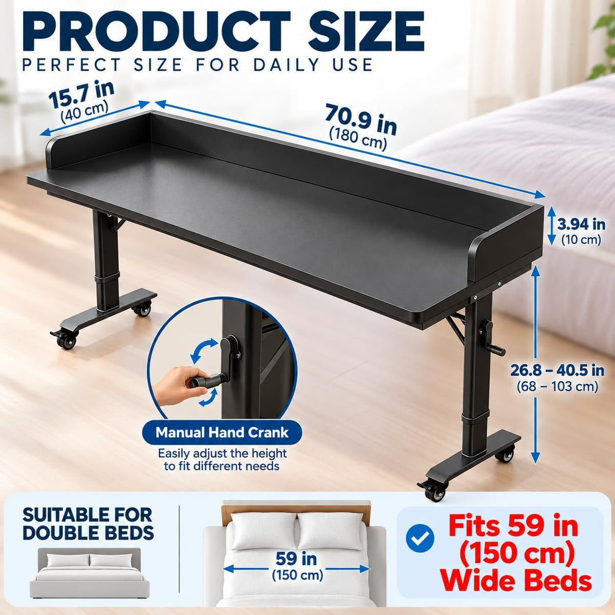 70.9" Overbed Table with Wheels, Hand Crank Height Adjustment - Image 2