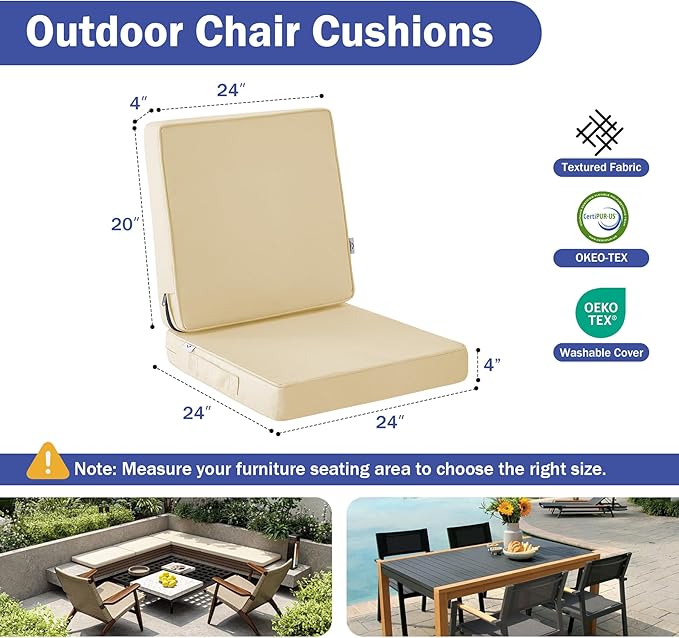 IPYNBAP Outdoor Cushions, Outdoor Chair Cushions 24x24x4 Inch, Cushions for Outdoor Furniture with Removable Cover, Waterproof & Fade Resistant Outdoor Seat Cushions for Patio, Lawn, Beige - Image 2
