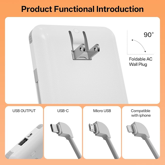 Portable Charger with Built-in Cables and AC Wall Plug, USB C External Battery Pack, 10000mAh Travel Essentials Power Bank Compatible with iPhone17/16/15/14/13, Samsung Galaxy, Pixel,Tablet and More - Image 5