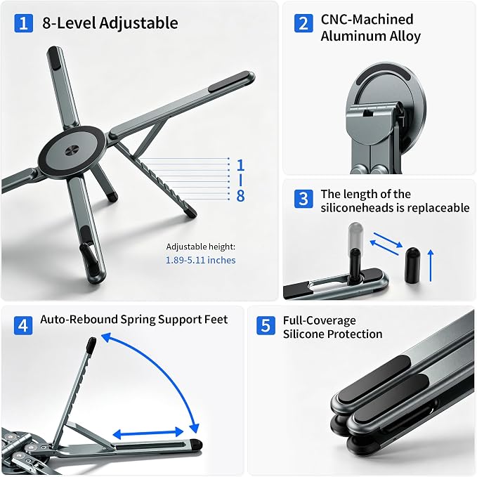 Portable Laptop Stand, 3-in-1 Magnetic Foldable Adjustable, for Desk（Gray） | Aluminum alloy, lightweight compact, 8-level height, ergonomic, for phone/tablet, home office/travel - Image 9