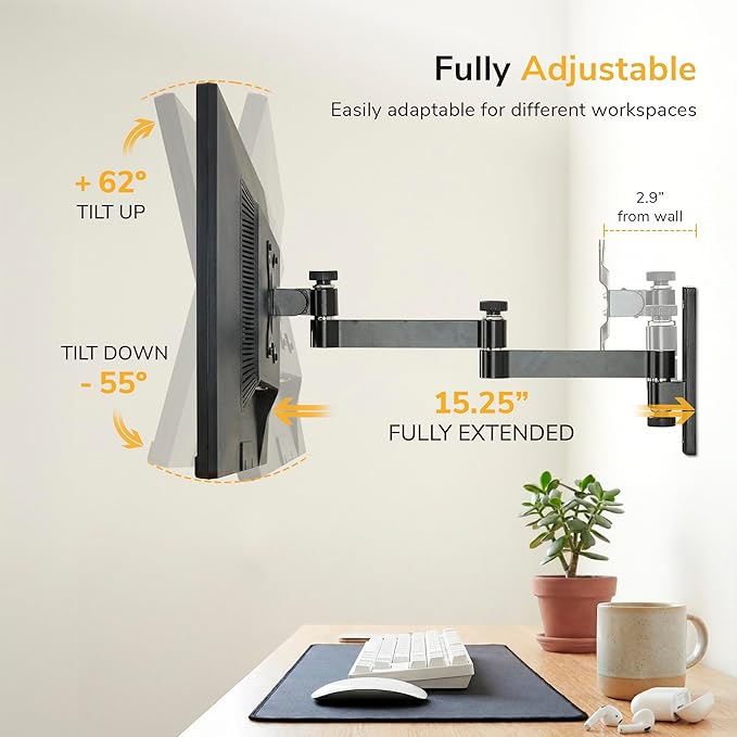 Mount-It! Full Motion Computer Monitor Wall Mount – Adjustable Arm for Home Office, Gaming, Workstations – Fits 19–32” Screens, VESA 75x75 & 100x100, Tilt Swivel Rotate, 33 lb, Single Stud Install - Image 6