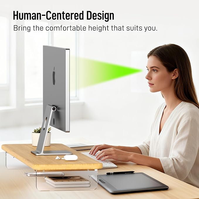 AFOOYO Bamboo Monitor Stand Riser, 31.5 In Computer Riser Desk Organizer | Desk Organizer Adjustable Arylic Feet Computer Monitor Stand, Desk Shelf for Office - Image 7