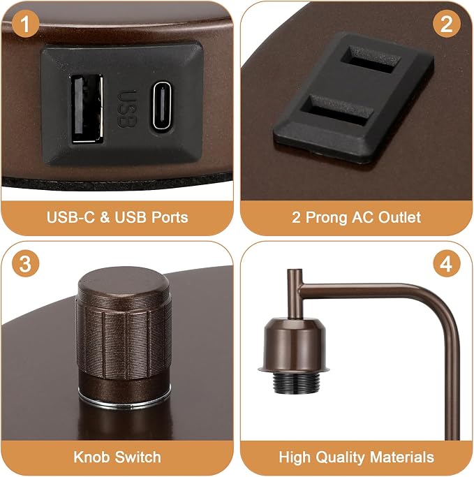Innqoo Brown Industrial Bedside Table Lamp for Bedroom - Nightstand Lamps with USB C Charging Port, Fully Dimmable Black Ports and Outlets, Small Desk Glass Shade Office Living Room - Image 4