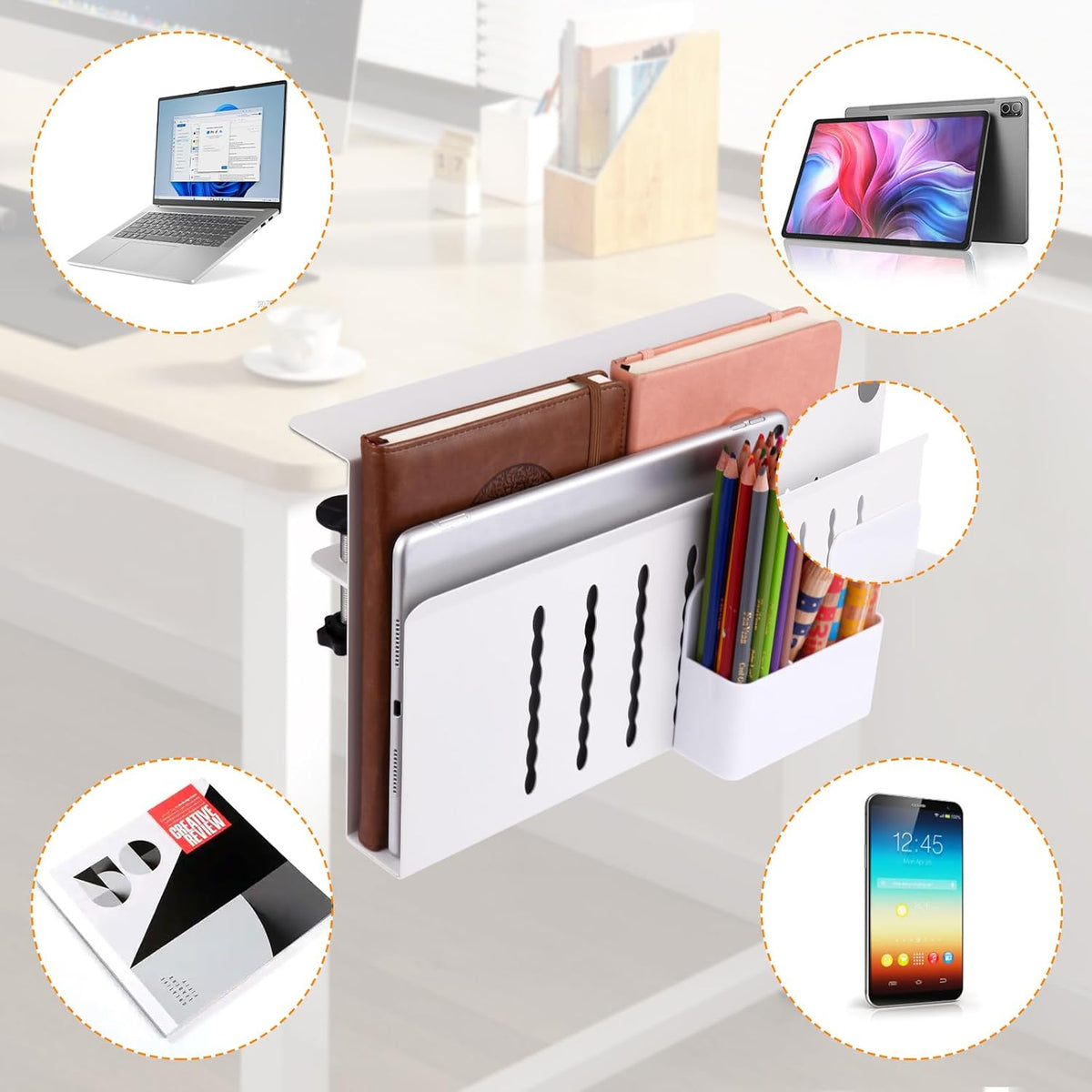 Desk Side Storage, Under Desk Laptop Mount, Table Side Hanging File Organizer, No Drill Clamp On Cable Management Tray, Laptop Holder with Magnetic Pen Holder for Office and Home - Image 4