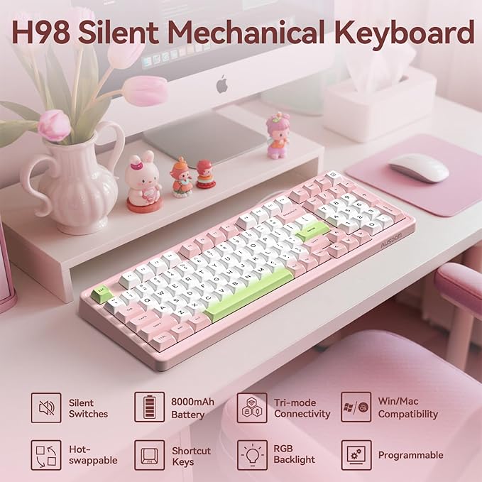 AUSDOM H98 Pink Creamy Mechanical Keyboard, 96% Silent Quiet Wireless Keyboard with Number Pad, Hot Swappable Gaming Keyboard 2.4G/BT/USB-C with RGB Backlit, 8000mAh Battery, 98 Keys for Mac/Win - Image 2