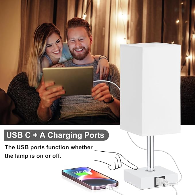 Touch Table Lamp for Bedroom - Dimmable, USB C+A, White Lamphade White Base | 3-Way Dimmable, 3000K LED Bulb Included, Square Lampshade, Cute Room Decor for Teen Girls, Kids, Small Lamp for Dorm, Nursery - Image 3