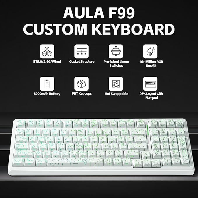 Aula F99 Creamy Keyboard Wireless Mechanical Custom Gaming Keyboards | 96% Computer Keyboard,Hot Swappable RGB Backlit Keyboards,Full Size Topographic Side-printed Keycaps,LEOBOG Switch - Image 2