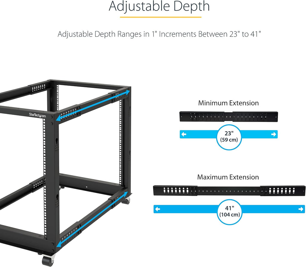 StarTech 18U 4-Post Server Rack, 19in Open Frame Rack with 40in (101cm) Mounting Depth and 1200lb (544kg) Weight Capacity, Mobile or Floor Mount IT Rack - Image 3