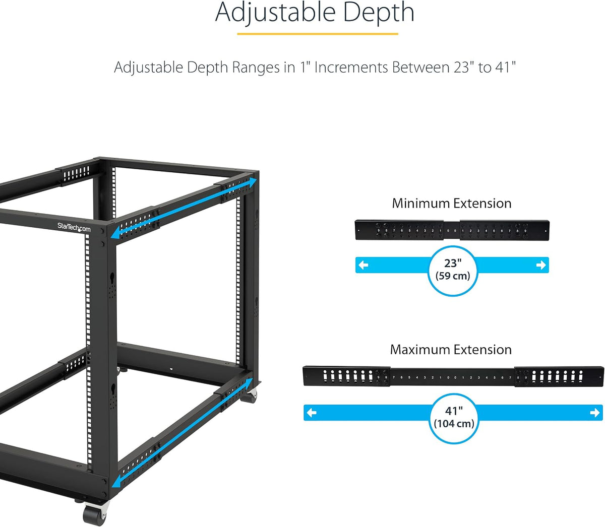 StarTech 18U 4-Post Server Rack, 19in Open Frame Rack with 40in (101cm) Mounting Depth and 1200lb (544kg) Weight Capacity, Mobile or Floor Mount IT Rack - Image 3