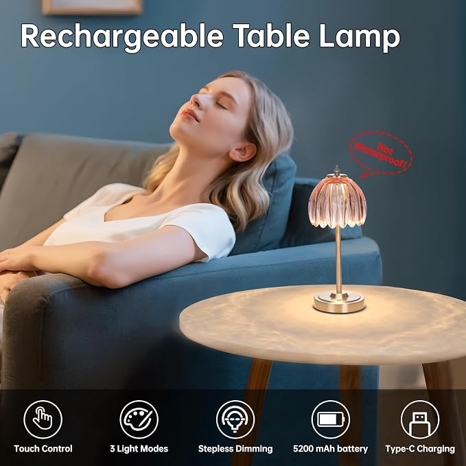 Shenmoyl Tulip Table Lamp with 5200mAh Battery & Touch Control, Cordless Small Table Lamp with 3 Colors, Dimmable Rechargeable Table Lamps for Living Room, Bedroom, Desk, Bedside (Clear Pink Tulip) - Image 2