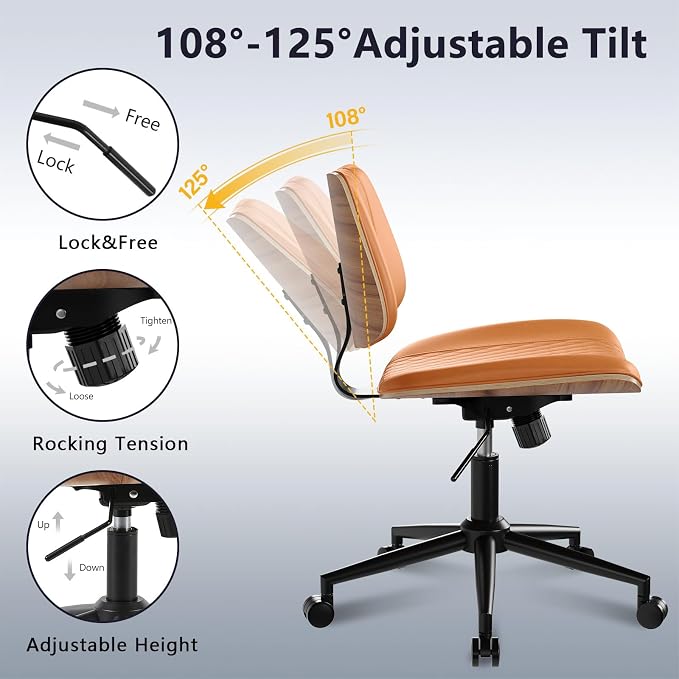 Modern Armless Office Chair with Wheels, Wide Seat Walnut, Brown | Adjustable Swivel Desk Chair with Mid Back & Tilt Function, Faux PU Leather Mid Century Modern Task Office Chair, 300LBS Cap - Image 4