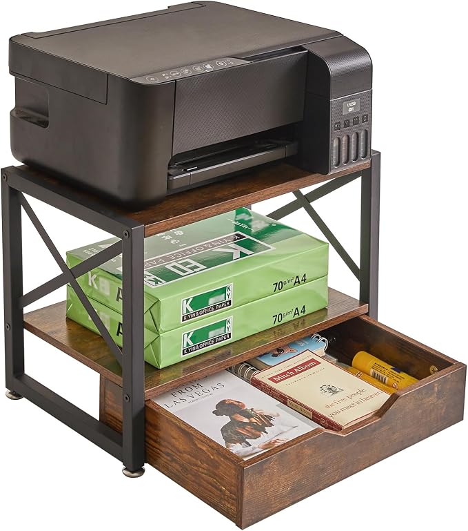 IBUYKE 2 Tier Desktop Printer Stand with Drawer Storage TLJ006H | Multi-Purpose Desk Organizer,Wooden Printer Stand for Folders,Books,for Fax Machine, Scanner,Home Office - Image 3