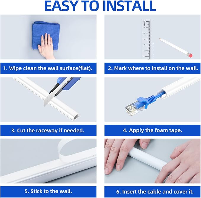 Delamu 128in Cord Hider for 1 Cord, Self-Adhesive Cord Covers for Wires on Wall, Easier Install Wire Covers for Cords on Wall, Cable Wire Hider, Cable Cover Management Raceway, W0.48 H0.3in, White - Image 9