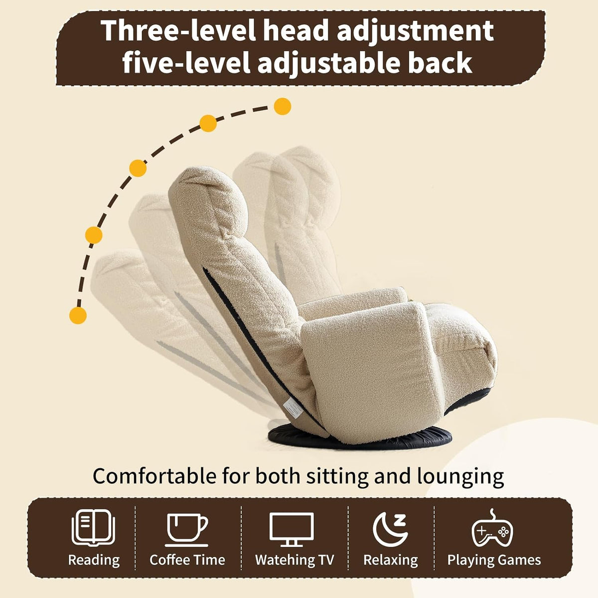 Swivel Lazy Floor Chair, Adjustable Reclining Floor Lounger with Head & Back Support and Phone Holder, Comfy Tatami Sofa Seat for Adults Bedroom & Gaming - Image 4