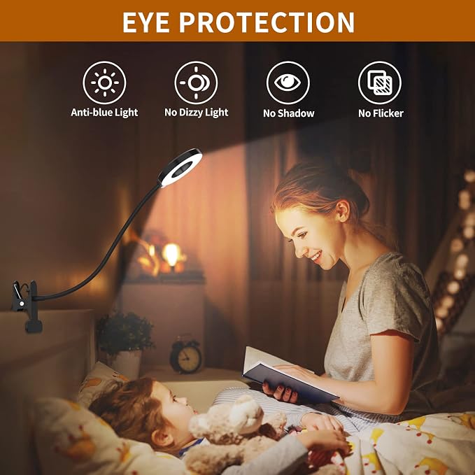 iZELL Desk Lamp, [3 Color Modes & 10 Brightness] LED Reading Light with Clamp, Silicone Flexible Arm Book Light for Kids Reading Book in Bed at Night Clip on Table, Headboard, Dorm - 15.8‘’ Black - Image 7
