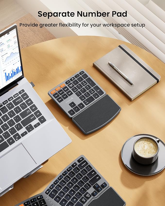 ProtoArc Wireless Ergonomic Keyboard with Separate Number Pad - Space Gray | 2.4G and Dual Bluetooth, Hard Palm Rest, Split Design, Rechargeable, Compatible with Windows, Mac - Image 5