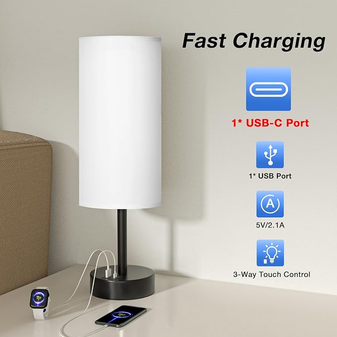 White Touch Table Lamp for Bedroom - Dimmable Bedside Desk Lamp for Kid | USB A+C Ports, 3-Way Dimmable, LED Bulb Included, White Fabric Lampshade, Matt Black Metal Base, Compact 14" Night Stand Lamp - Image 2