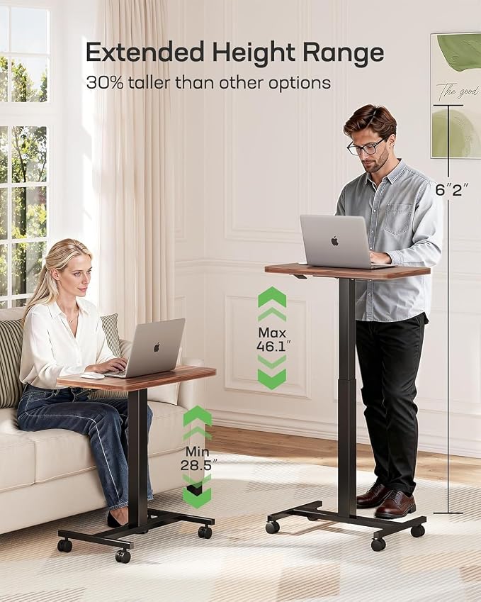 Marsail Mobile Standing Desk, Wider Height Adjustable Computer Desk up to 46.1″, Rolling Sit Stand Desk with 4 Lockable Wheels, Ergonomic Desk for Home Office and Classroom, Walnut - Image 3