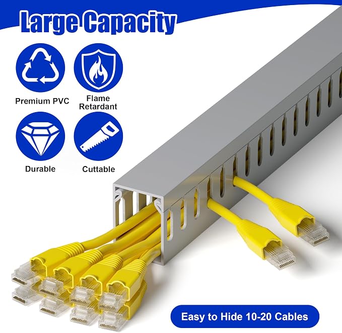 1.6"H x 1.2"W Cable Raceway, 99in Under Desk Wire Management Channel, Grey | Slotted Wire Duct, 6Pack, 16.5in Each, Heavy-Duty PVC Cable Management for Server Racks, Network Cables & Electrical Cabinets - Image 3