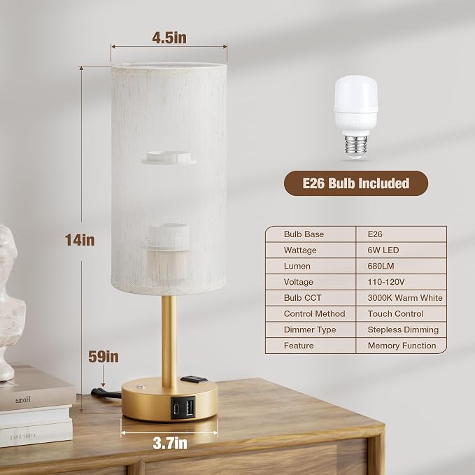 Gold Touch Bedside Lamp for Bedroom, Stepless Dimmable, USB A+C, AC Outlet | Base Touch Button Only, Memory Brightness, Ultra-dim Night Light, Included Bulb for Optimal Dimming, Cream Fabric Shade, Desk - Image 6