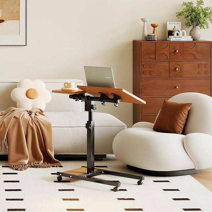Laptop Desk Stand for Bed Portable Desk Overbed Bedside Mobile Laptop Table Rolling Foldable Table Adjustable Height with Locked Wheels & Mouse Pad for Office Sofa (Natural Color) - Image 7