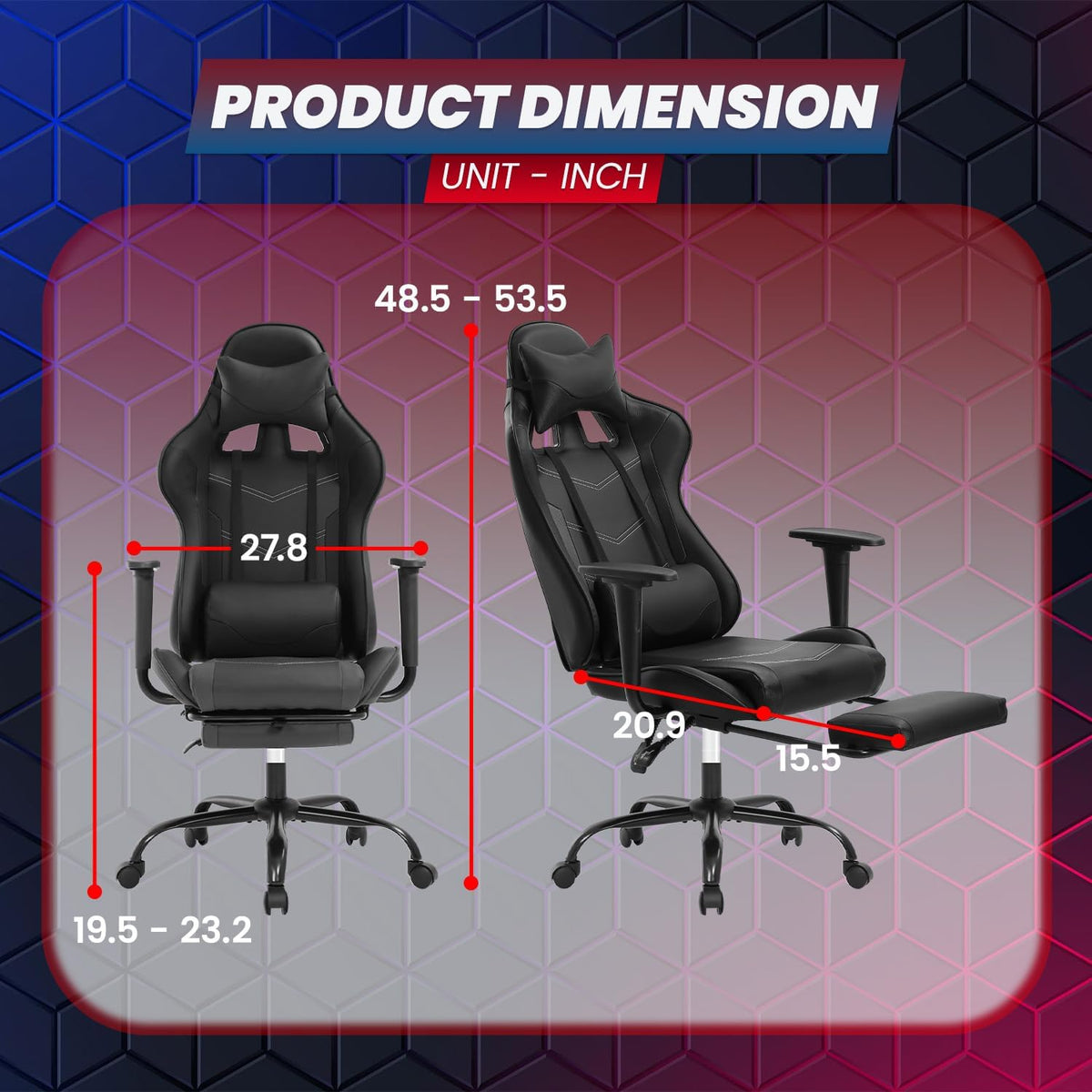 BestOffice | Ergonomic Gaming Chair | Dark Black | Reclining Computer Chair with Lumbar Support, Headrest Pillow, Adjustable Footrests | 360 Swivel with Heavy Duty Wheels | for Home & Office - Image 3