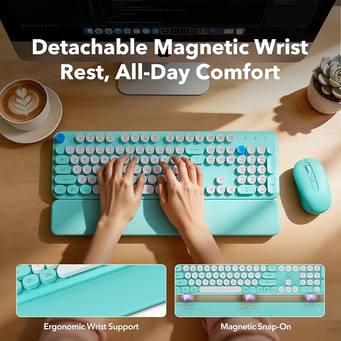 Wireless Keyboard and Mouse Combo, Blue, Round Keycaps, Magnetic Wrist Rest - Image 2