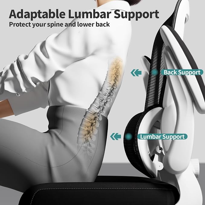 TRALT Office Chair - Ergonomic Desk Chair with Adjustable Lumbar Support, Mesh Computer Chair, Executive Chair for Home Office Comfortable Lumbar Support (1, White+Black) - Image 6