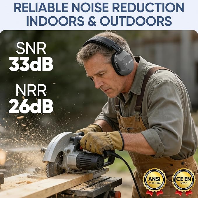 TICONN Noise Cancelling Ear Muffs for Adults, SNR 33dB Hearing Protection, Adjustable Safety Earmuffs for Construction - Image 2