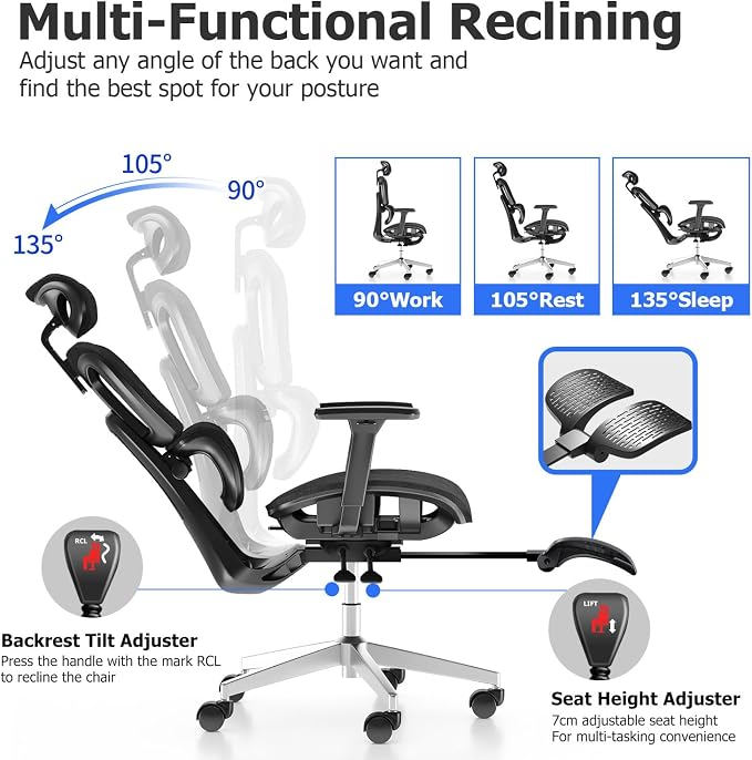 Ergonomic Office Chair with Footrest, Big and Tall Desk Chair with Adjustable Lumbar Support, Seat Depth & 3D Armrests, High Back Mesh Computer Chair for Home Office, Black - Image 7