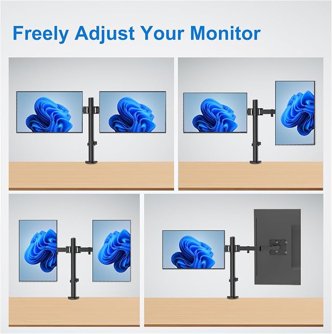 Dual Monitor Mount for 17-27 Inch Monitors up to 17.6 lbs, Desk Clamp | ±45° Tilt | ±90° Swive l 360° Rotation | Height Adjustable | C-Clamp Mount | Cable Management | VESA 75×75/100×100 mm - Image 4