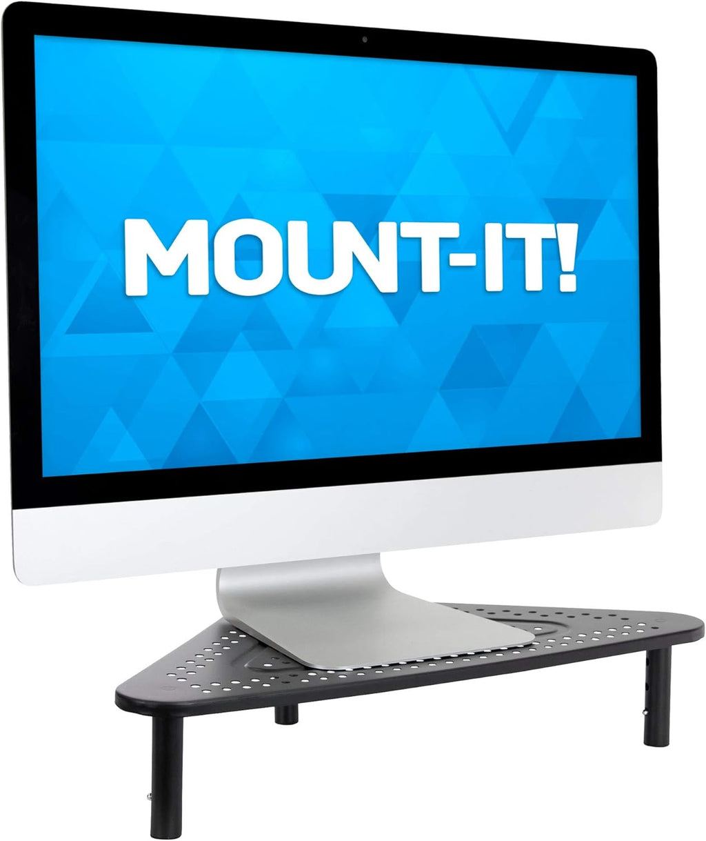 Corner Monitor Stand | Adjustable Height Corner Desk Shelf | Triangle Screen Riser, Ergonomic Space Saving Design, Ventilated. (Metal, Black) - Image 2