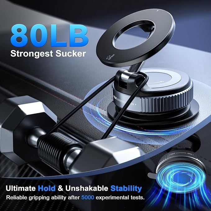 CloudValley Magnetic Car Phone Mount, Compatible with MagSafe | 360° Adjustable Foldable Holder for Dashboard, 80LBS Suction & 2800gf Magnet, Car Accessories for iPhone 17 16 15 14, Black - Image 5