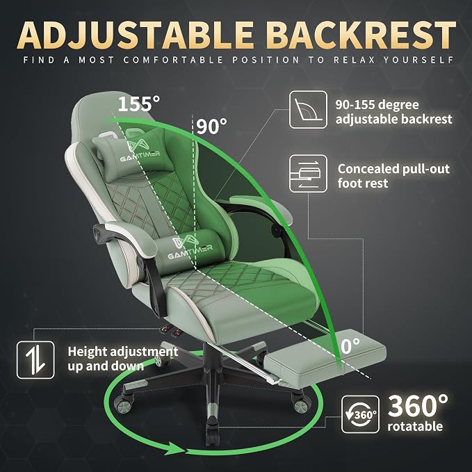 Gamtimer Gaming Chair, 400 LB Weight Capacity,with Pocket Spring Cushion | Ergonomic Backrest Office Chair,Leather, with Headrest and Lumbar Support, Footrest, Suitable for Adults(Green) - Image 6