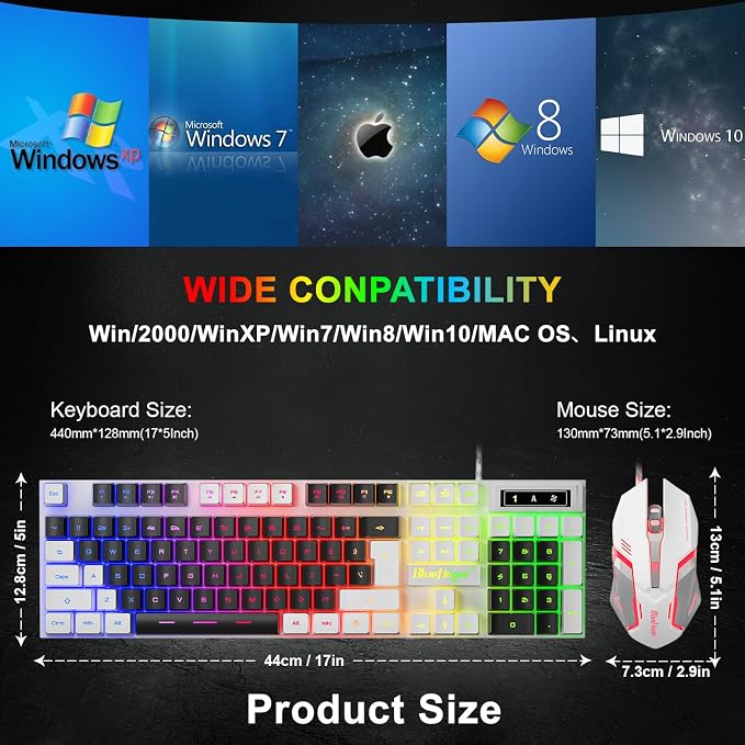 BlueFinger RGB Gaming Keyboard and Backlit Mouse Combo, USB Wired, LED Gaming Set for Laptop PC Computer Game and Work (White & Black) - Image 7