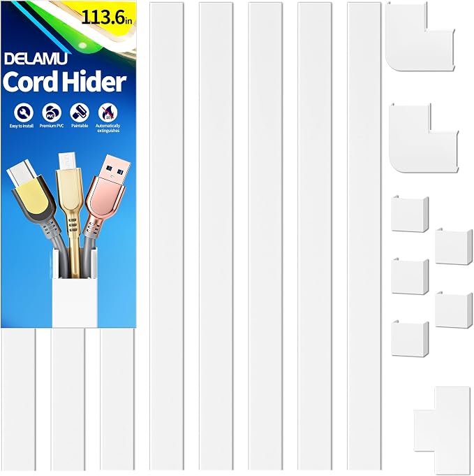 Delamu Cord Hider for Wall Mounted TV, 113.6in Paintable Cable Cover System, Self-Adhesive Cable Management Raceway Kit Hides 2-3 Wires, Baseboard Wire Hider Easy Installation, W 0.95 H 0.55in, White by DELAMU