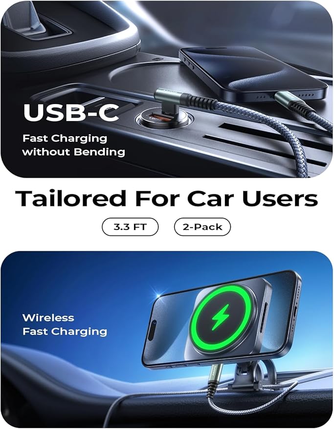 AINOPE Right Angle USB C to USB C Cable 17 3.3FT 60W 2 Pack USBC to USBC for iPhone 16 Pro Max Car Charger Cord Fast Charging Compatible with iPhone 16 15 Samsung A17 iPad Pro Android Phone Accesories - Image 2
