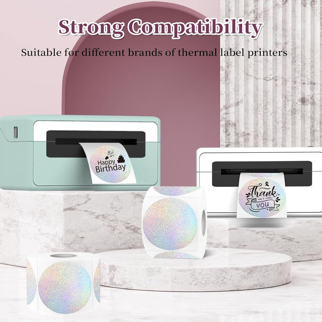 2 Inch Holographic Thermal Labels,Sliver Round Thermal Printer Labels,Printable Round Thermal Printer Labels Self-Adhesive Direct Thermal Label(300 Labels/Roll Sliver) - Image 4