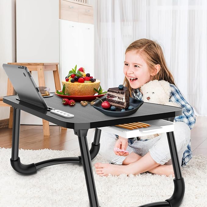 Zapuno Laptop Lap Desk, Foldable Laptop Table Tray with 4 USB Ports Storage Drawer and Cup Holder, Lap Bed Desk Notebook Stand Laptray Portable Standing Table for Bed Couch Floor - Image 2