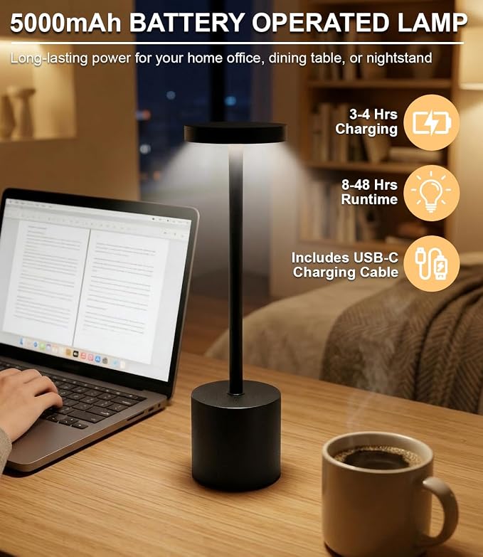 Cordless Table Lamp Set of 2, Rechargeable 5000mAh Battery Operated Outdoor Table Lamps, Portable LED Desk Lamp, 3 Color Dimmable Table Light for Restaurant, Patio, Bedroom, Bedside Night Lamp(Black) - Image 4