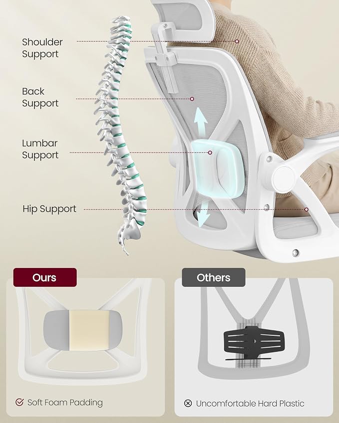 VASAGLE Office Chair, Adjustable Mesh with Lumbar Support and Headrest | Ergonomic desk chair, 90-105° tilt function, wide seat, flip-up armrests, Dove Gray UOBN044GD01S - Image 4