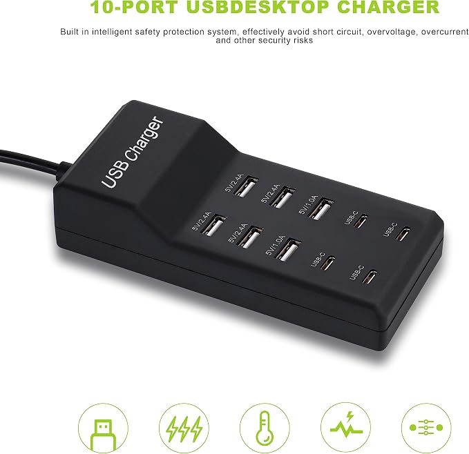 USB Charger,50W USB Charging Station with 10-Port (6 USB-A Port & 4 USB-C Port) Compatible with iPhone 15/14/13/12/11/X/8/7/6 Phones, Watch,Tablets, Smartphones Black - Image 7