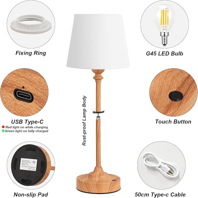 Kakanuo Cordless Table Lamps Rechargeable Set - 2 Pack Wooden 4000mAH Battery Operated Lamps for Decor, 3000K Stepless Dimming Touch Control Wireless Lamps for Bedroom, Dining Table - Image 5