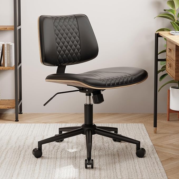 Modern Armless Office Chair with Wheels, Wide Seat Walnut, Black | Adjustable Swivel Desk Chair with Mid Back & Tilt Function, Faux PU Leather Mid Century Modern Task Office Chair, 300LBS Cap - Image 7