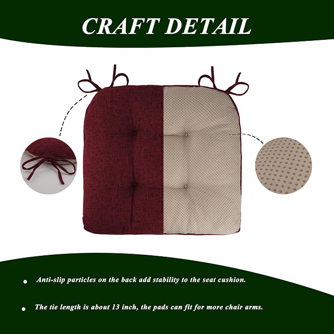 Chair Cushions for Dining Chairs Set of 2, 18"x18"x3", Red | Non-Slip with Ties, Tufted, Faux Linen, Seat Cushions for Dining Room Kitchen Breakfast Nook Indoor Home Office Living Room - Image 3